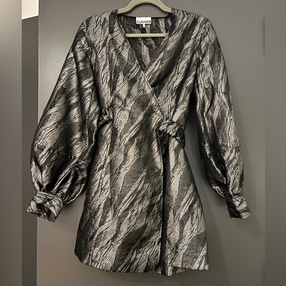 Ganni Metallic Silver Wrap Mini Dress Size 36 Excellent Condition